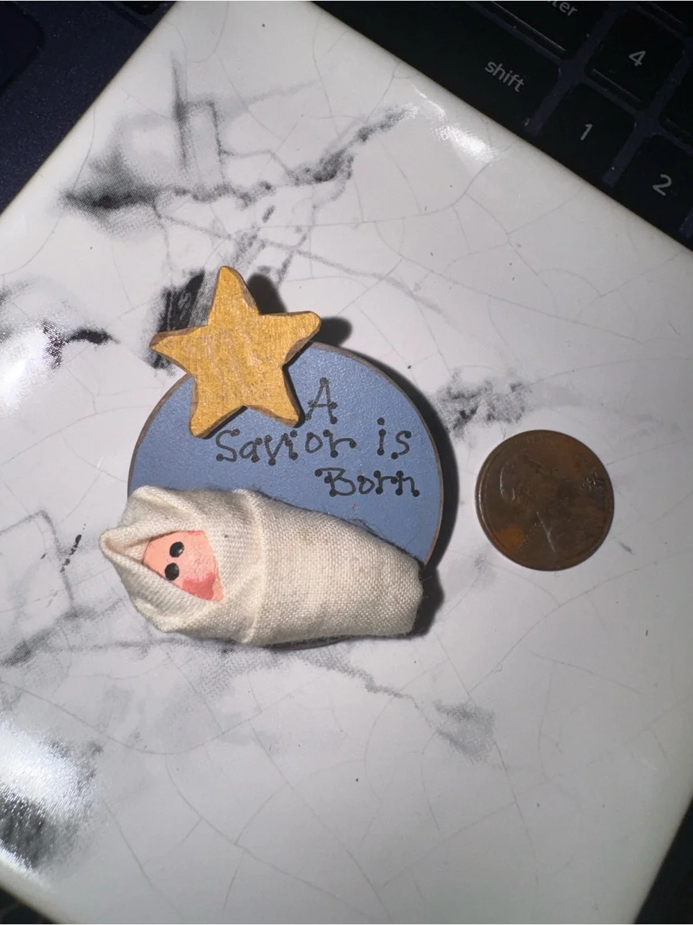 Vintage Handmade 'A Savior is Born' Mini Nativity Pin with Star
